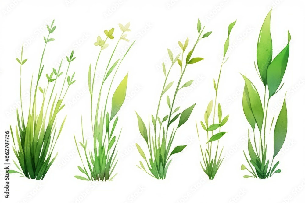 Set of green and gold grass and stem hand painted watercolor illustration. Set of green and gold grass and stem hand painted watercolor illustration.