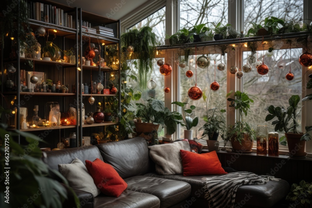 Cosy Interior of a modern midcentury living room decorated in Christmas style.
