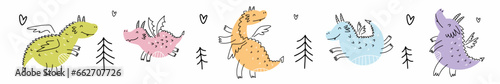 Vector horizontal collection of cute dragons, hand-drawn in doodle style.