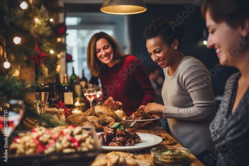 family and friends preparing Christmas dinner in domestic kitchen
