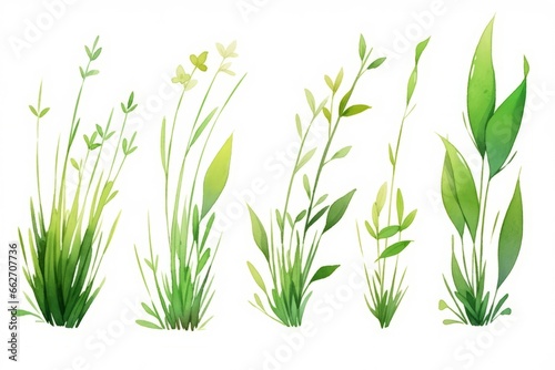 Set of green and gold grass and stem hand painted watercolor illustration.