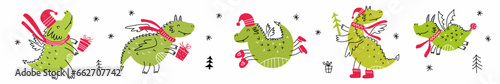 Vector horizontal collection of cute Christmas dragons, hand-drawn in doodle style.