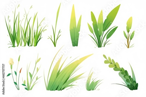 Set of green and gold grass and stem hand painted watercolor illustration.