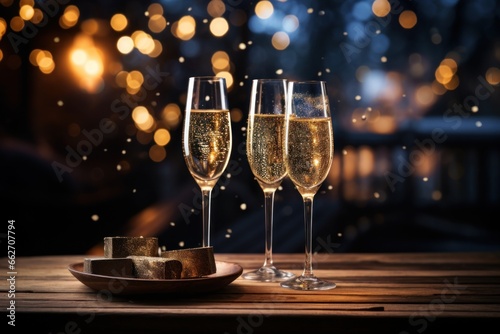 Glasses with Champagne to celebrate new year. Sparks and firework.