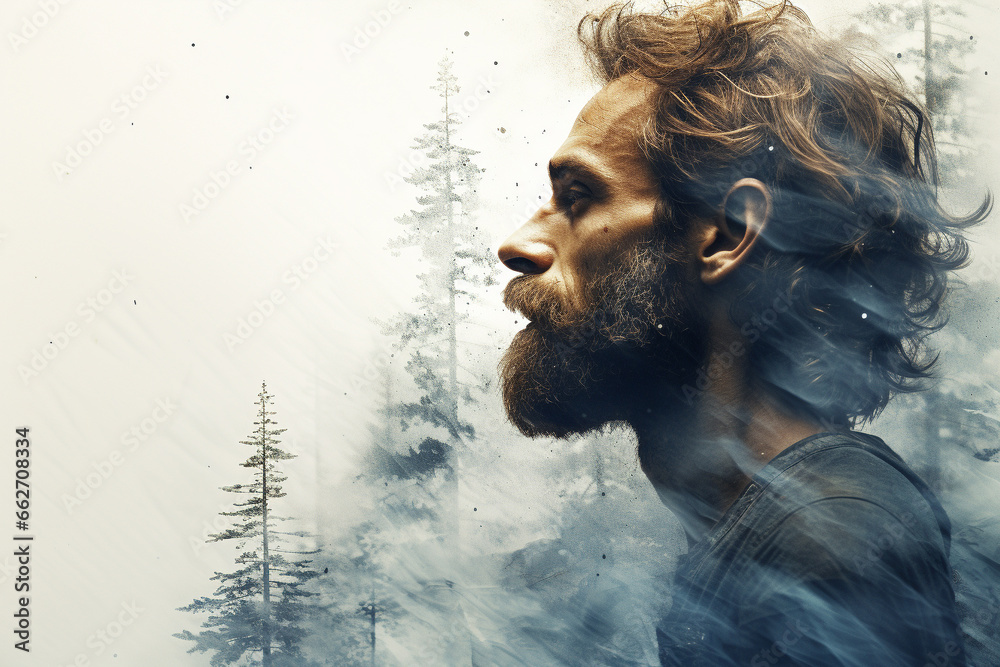 Double exposure of a man's portrait intertwined with the serene beauty of a pine forest, evoking a sense of oneness with nature and a deep connection to the wilderness. Ai generated