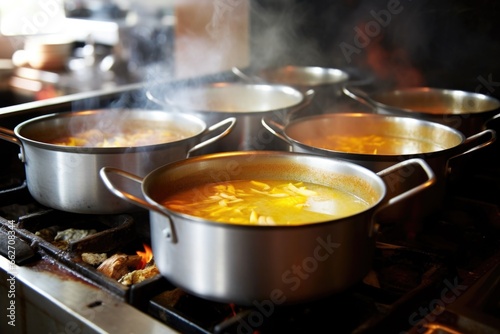 cooking pots simmering on a stove, filled with soup