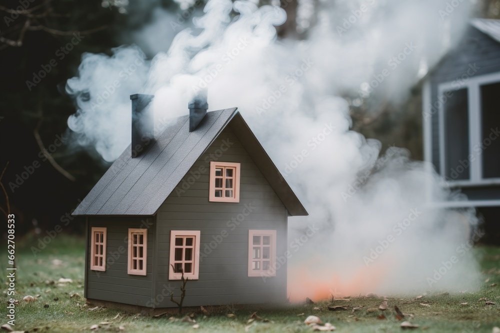 smoke rising from a toy wooden house