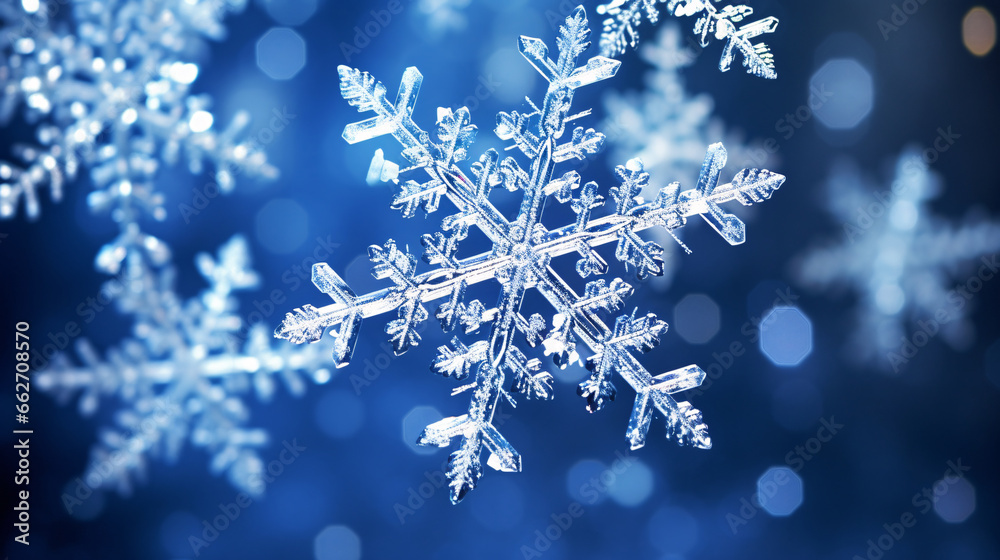 Magical shiny frozen snowflakes and snowfall sky, blue background with beautiful festive light bokeh, winter and Christmas background. Magical shiny frozen snowflakes and snowfall sky, blue background with beautiful festive light bokeh, winter and Christmas background.