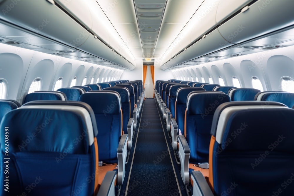 airplane cabin with rows of small economy class seats airplane cabin with rows of small economy class seats