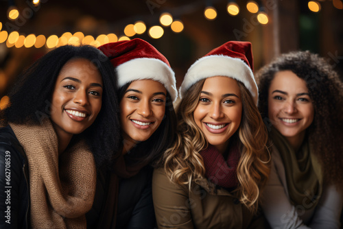 Group of beautiful young women friends smiling and selfie at Christmas party.