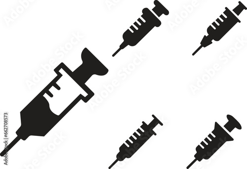 Set of Syringe, Injection icons. Vaccinations in trendy fill style design. Medical equipment. Elements for vaccination and injections. Symbol treatment isolated on transparent background.