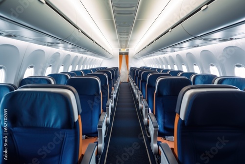airplane cabin with rows of small economy class seats