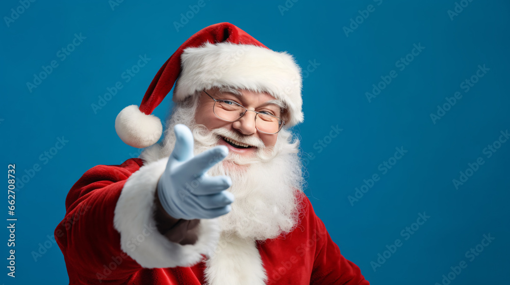 Old man in Santa Claus costume smiling and presenting or pointing at something isolated on blue background, Christmas background with copy space. Old man in Santa Claus costume smiling and presenting or pointing at something isolated on blue background, Christmas background with copy space.