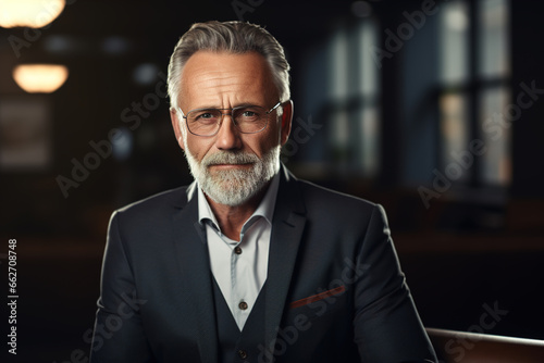Successful senior businessman in suit and glasses indoors looking at camera. Middle-aged man business portrait