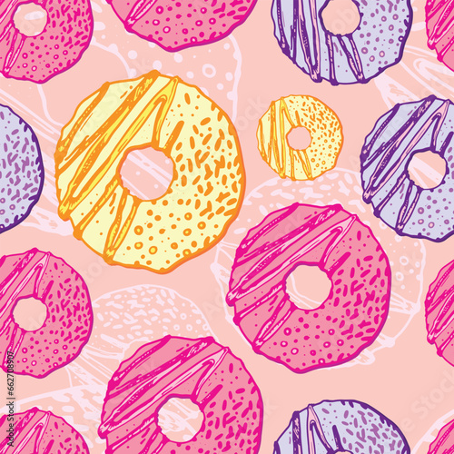 Pattern with buns, bread, hand-drawn. Vintage pastries, desserts made of wheat, coarse flour for a bakery or cafeteria. Background for cafe menu, for textiles.