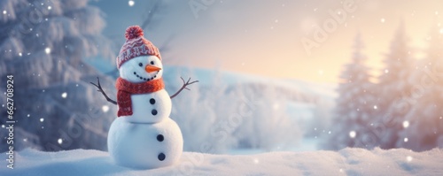 Happy snowman standing in magical winter landscape scenery with copy space.  Winter fairy tale, holiday background © Jasmina