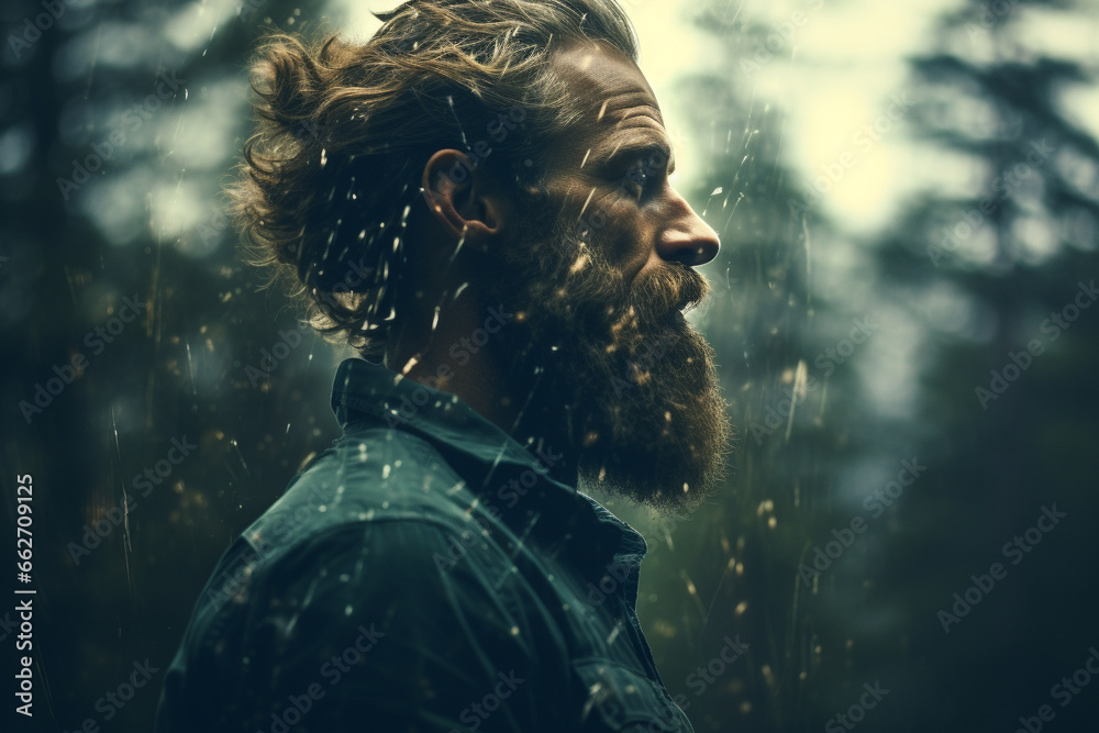 Double exposure of a man's portrait intertwined with the serene beauty ...