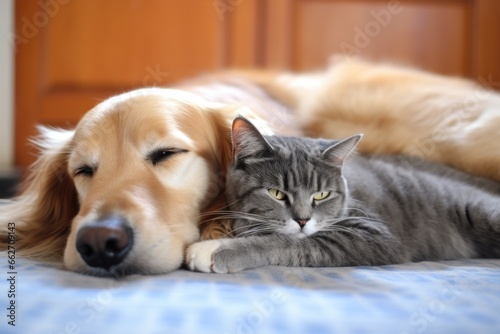 a dog and a cat sleeping together