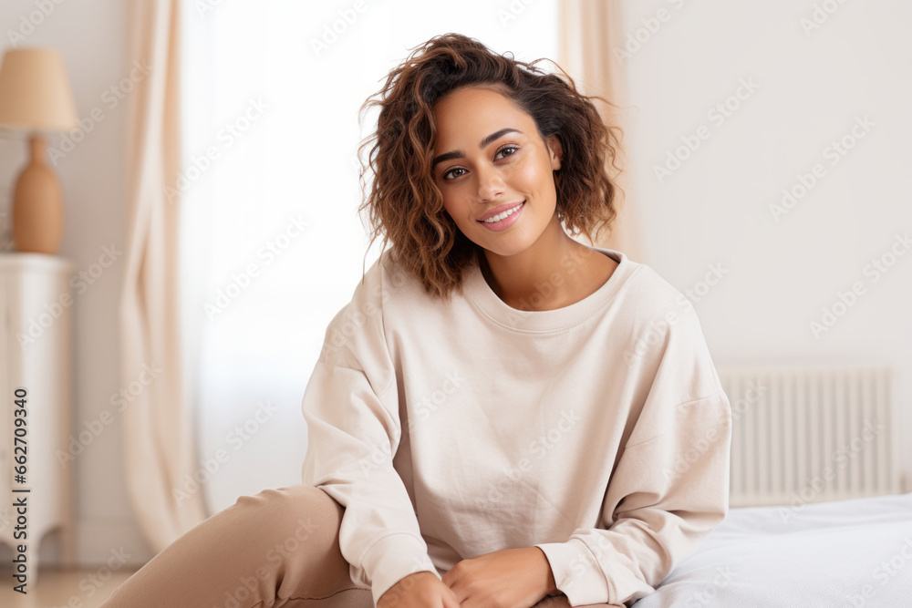 Mujer jóven en habitación limpia y minimalista. Concepto bienestar personal. Mujer jóven en habitación limpia y minimalista. Concepto bienestar personal.