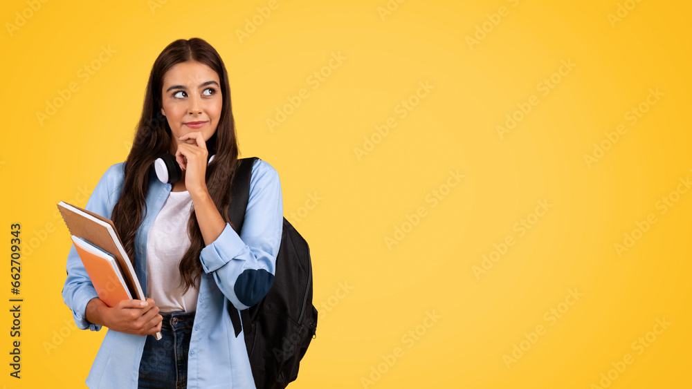 Positive pensive teen student woman with backpack, books, study, think Positive pensive teen student woman with backpack, books, study, think