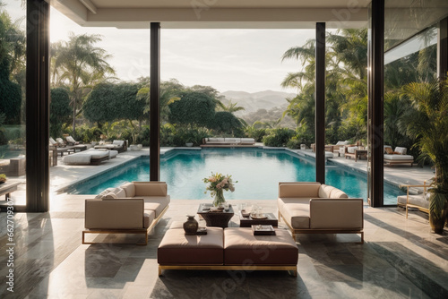 modern interior luxury drawing room, elegant sofa set table, outer swimming pool night view © digitalsync