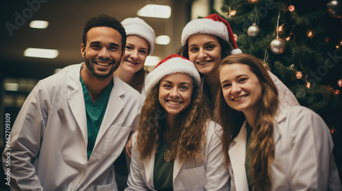 Doctors celebrate the New Year in the office. Festive mood.