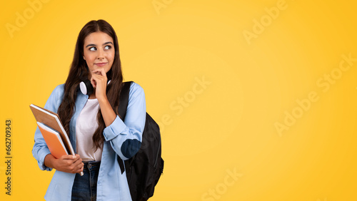 Positive pensive teen student woman with backpack, books, study, think