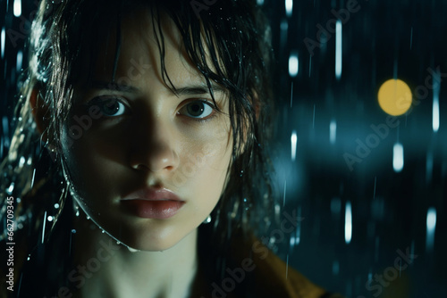 A sullen teenage girl standing in rain, Raindrops are blurred all round her and is real water falling