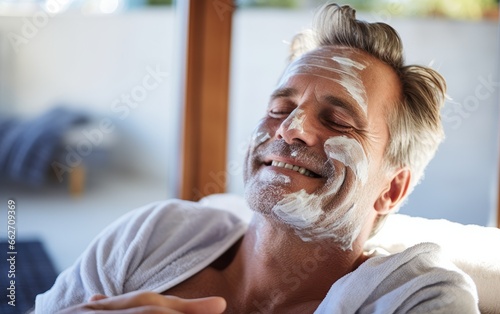 Hombre maduro disfrutando de una sesión de cuidados y belleza en una clínica de bienestar.