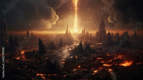 Falls of meteorites on the metropolis Dramatic apocalyptic background photo