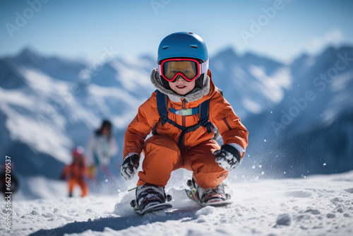 A child is skiing on snowy mountains.