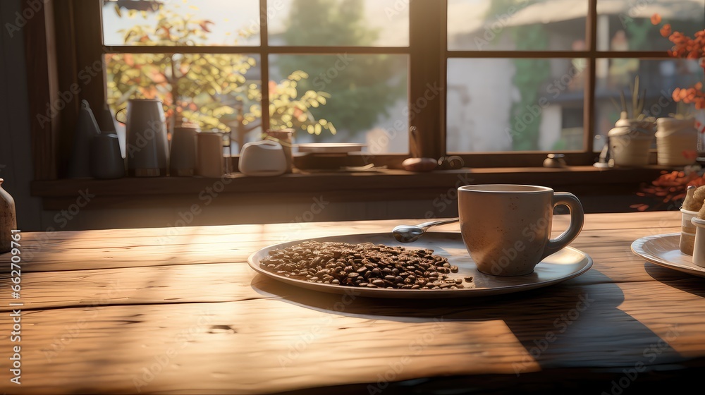 A serene coffee scene ultra realistic illustration - Generative AI.
