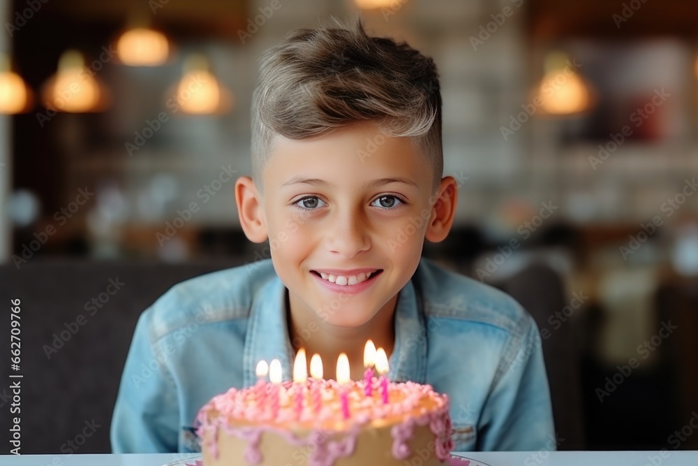 A smiling boy on his birthday is sitting in front of a cake with candles.
