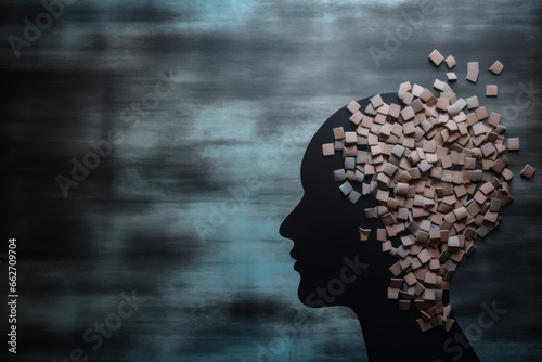 Human head profile with scattered blocks, ADHD and ADD mental health concept photo