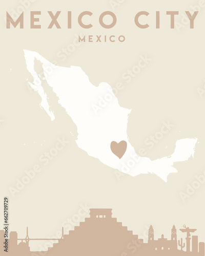 Cream-colored poster featuring a skyline of a city with a heart shape in the center