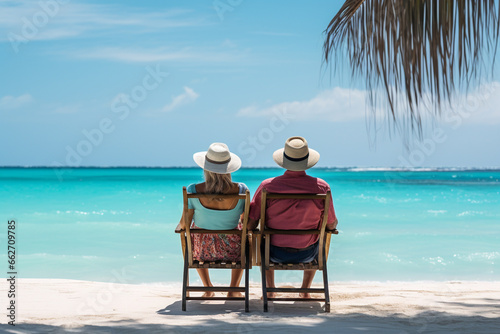 Elderly couple, gracefully settled in beach chairs, savoring the timeless tranquility of a tropical beach. Ai generated © twindesigner
