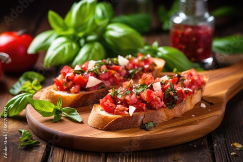 bruschetta on a wooden board, surrounded by fresh basil leaves