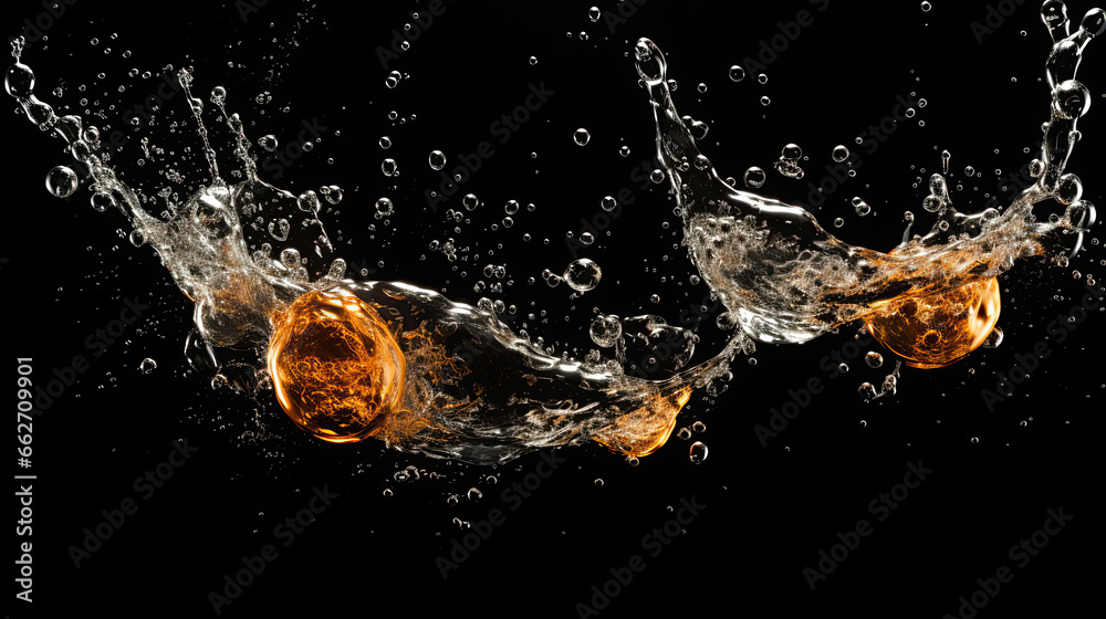 Soda water bubbles splashing underwater against black background. Cola liquid texture that fizzing and floating up to surface like a explosion in under water for refreshing carbonate drink concept. - obrazy, fototapety, plakaty 