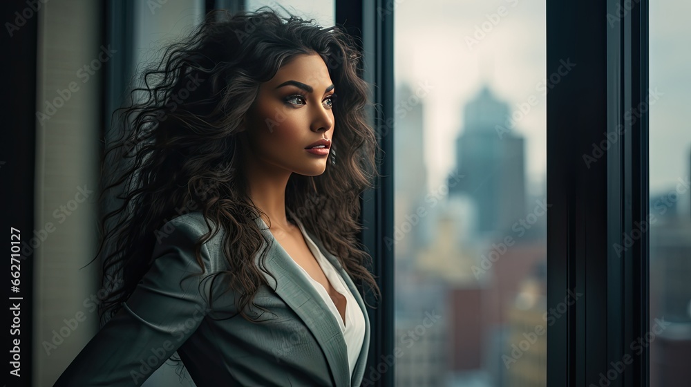 Fototapeta premium Model emphasizing ambition, set against a backdrop of the city's skyline visible through an office window