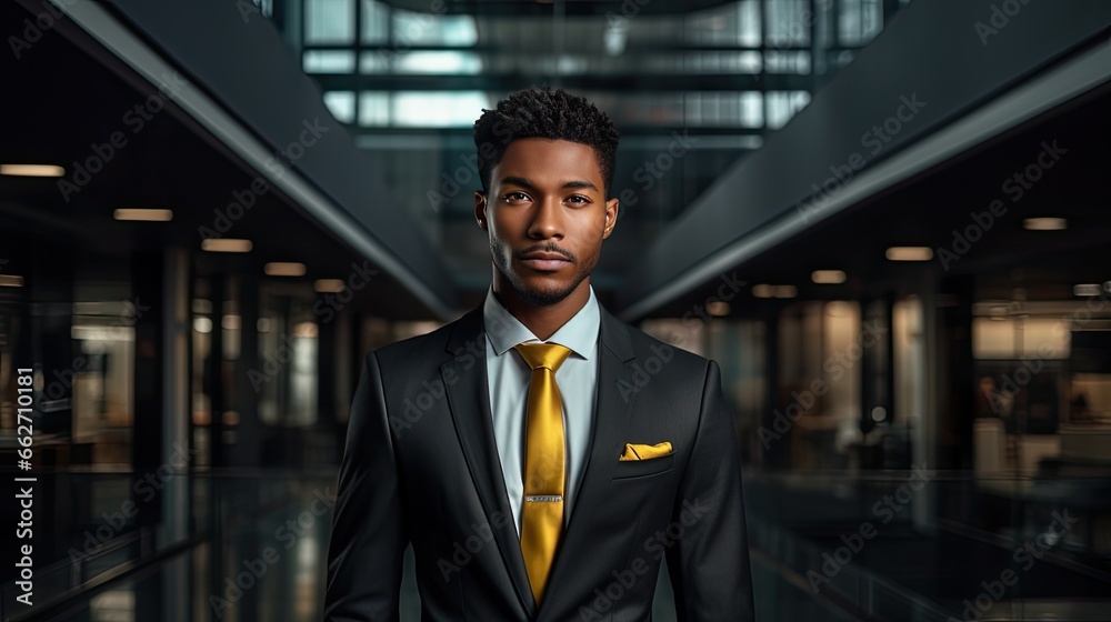 Model exuding leadership in a tailored suit, set in a high-end office environment Model exuding leadership in a tailored suit, set in a high-end office environment