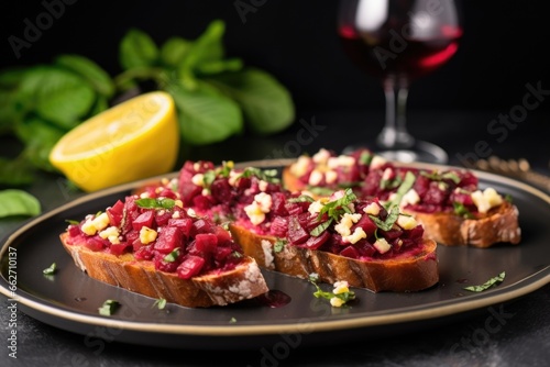 beetroot bruschetta on a glass plate with lemon wedges © Alfazet Chronicles