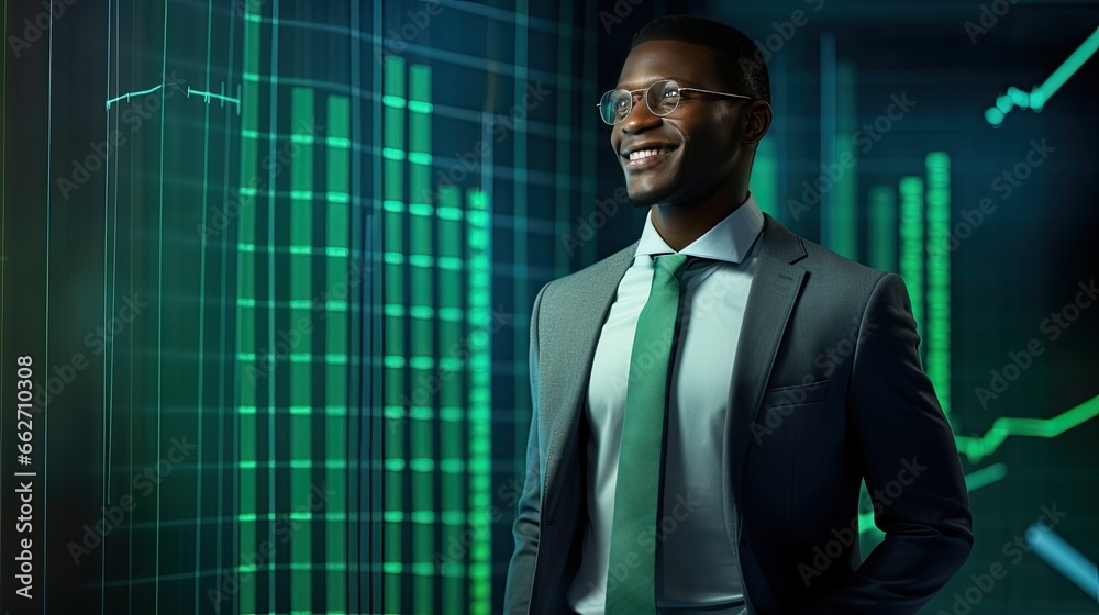 Fototapeta premium Model with a confident smile, set against a backdrop of positive business graphs and charts