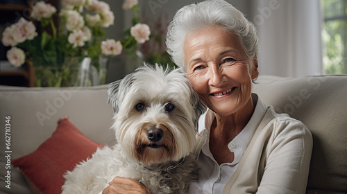 An elderly woman with a dog.