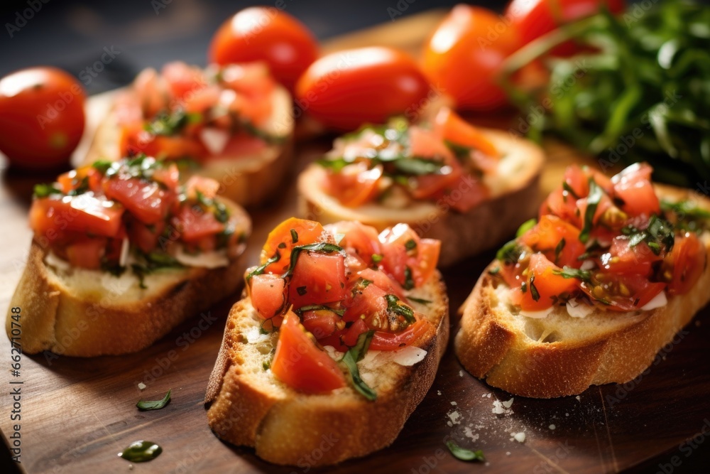 close-up of a group of thyme-topped bruschettas