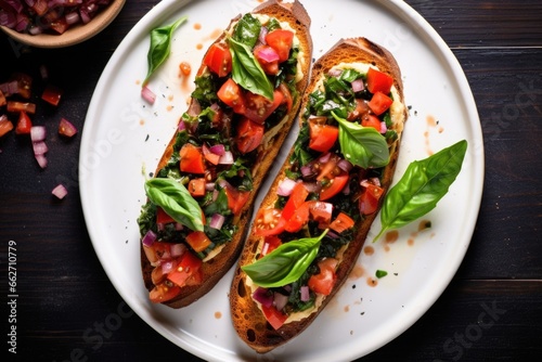 plated bruschetta with a basil garnish, viewed from above