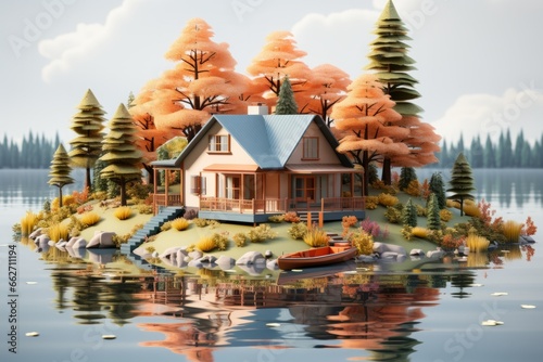 Lakeside minimal cute house with a rowboat by the dock, a fishing rod, and a serene lake view, Generative AI