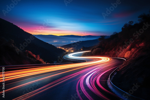 Mesmerizing beauty of light trails created through a long exposure shot on a winding road. Ai generated