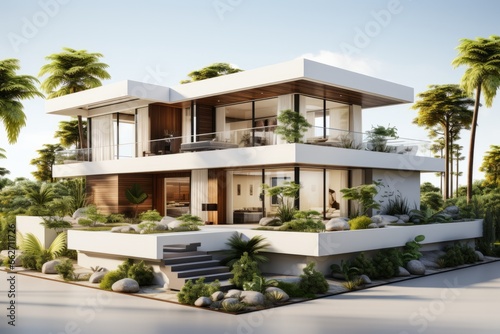 Modern minimal cute house with a sleek design, large glass windows, and a minimalist garden, Generative A © Box Milk