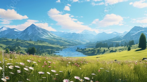 A peaceful countryside scene with rolling hills, blooming wildflowers, and a clear blue sky, where the simple beauty of nature invites you to unwind and reduce stress © Abdul