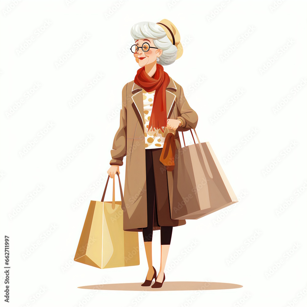 Vector Illustration of Old Age Woman with Shopping bag Isolated on White Background.